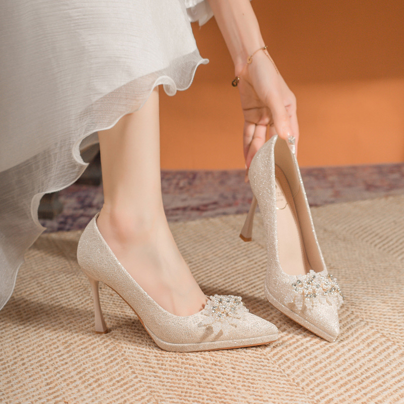 2025 New Champagne Color Fine Glitter Waterproof Platform High Heels Women's Thick-Soled Non-Tiring Wedding Shoes Pointed Toe Stiletto Shoes