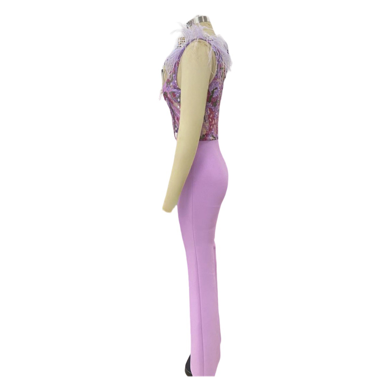 AliExpress nueva lentejuelas bordado con cuello en V sin mangas pluma hombro púrpura cintura alta mono moda fiesta traje