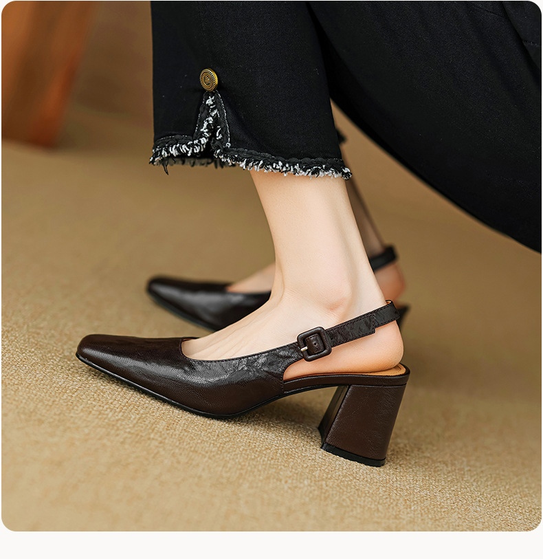 Sandal cao gót nữ mũi nhọn quai khóa, gót thô 9 cm phong cách Hàn Quốc — màu nâu chi tiết 11