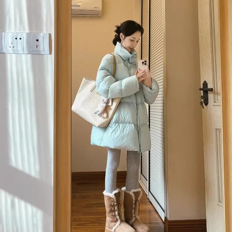 In-Stock Instant Delivery Ultra-Light Stand-Collar Mid-Length Milk Blue down Jacket Winter Women's Thick Warm Puffer Coat