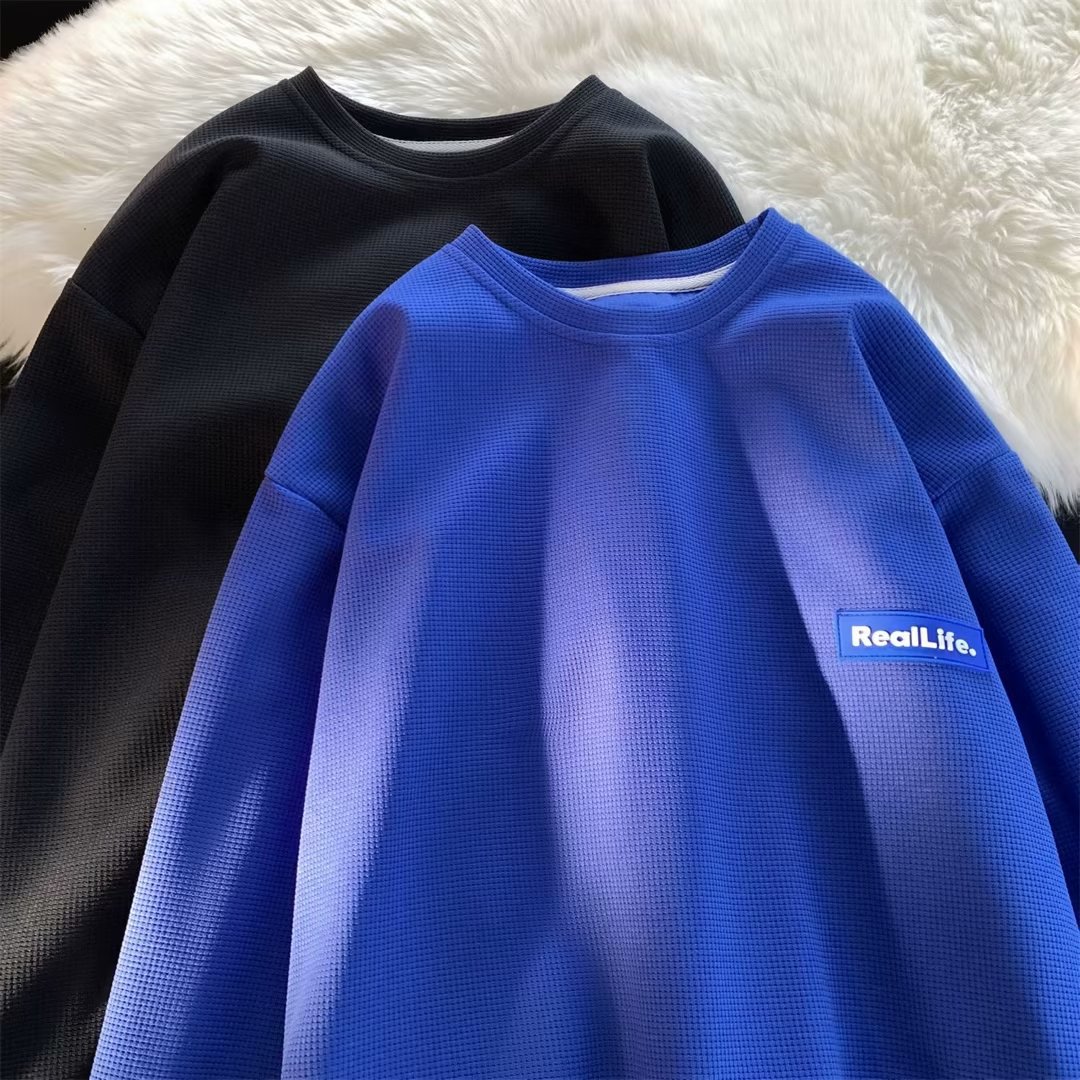 Camiseta de manga larga para hombre primavera y otoño marca de moda pesada waffle cuello redondo camisa de fondo Camiseta con suéter de alta calidad