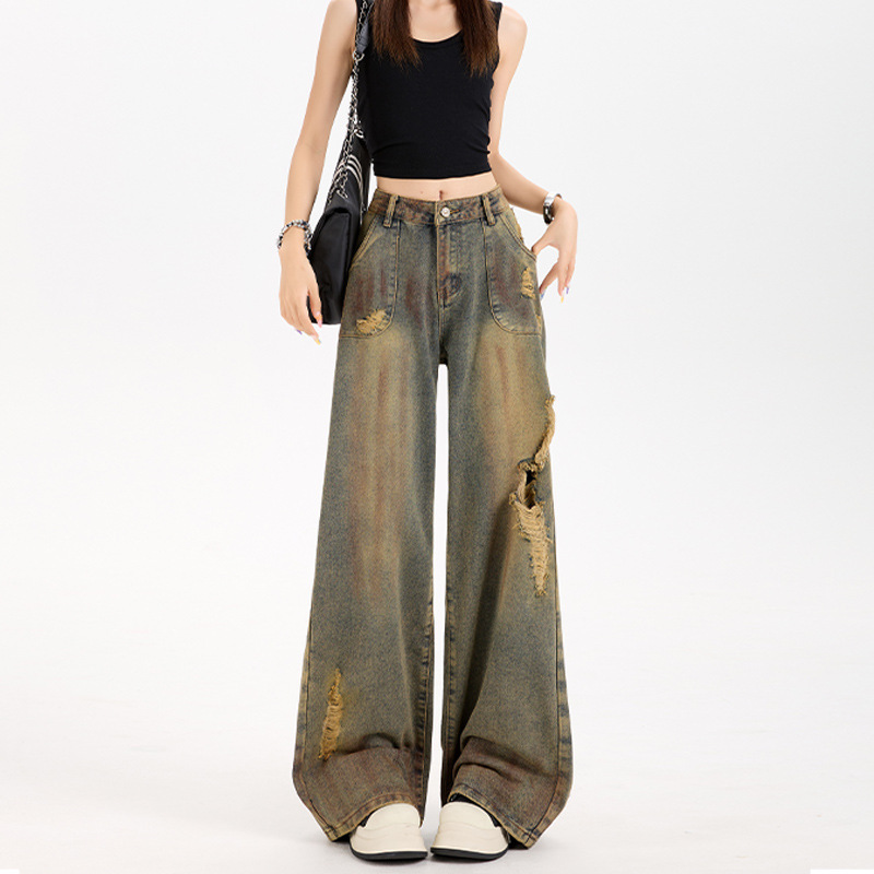 American Retro High Street Wide-Leg Ripped Jeans for Women, 2026 Summer New Niche Design Straight-Leg Floor-Length Pants