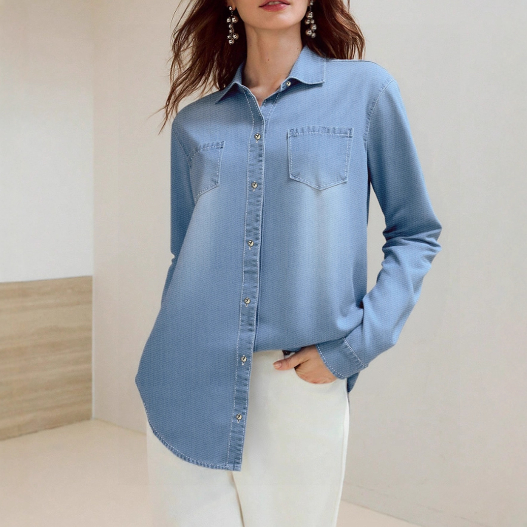 "Classic Denim Shirt Jacket For Women – Casual Button-Up Overshirt With Polo Collar_voghion.com