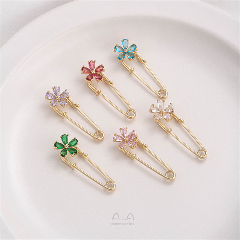 Color Pin 14K Gold Zircon Flower Color Zirconium Brooch DIY Handmade Beaded Hanging Ornament Anti-running Tighting Button