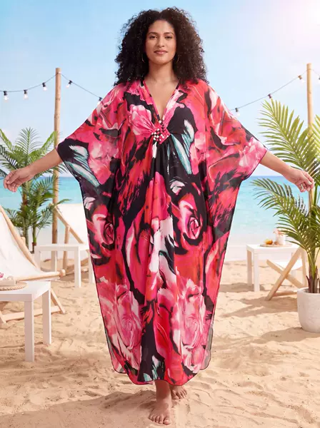 Red floral kaftan beach sun protection cover-up bikini outerwear swimsuit cover-up