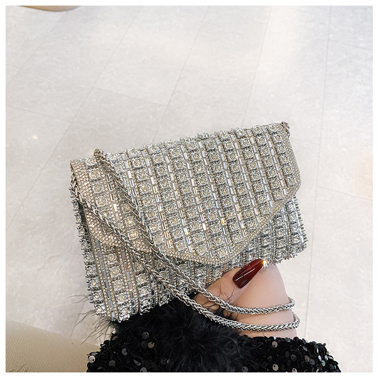 Cross-border bag bestsellers: Women's bag, chain, super shiny diamond-encrusted small square bag, crossbody bag, fashionable and versatile, socialite dinner bag undefined