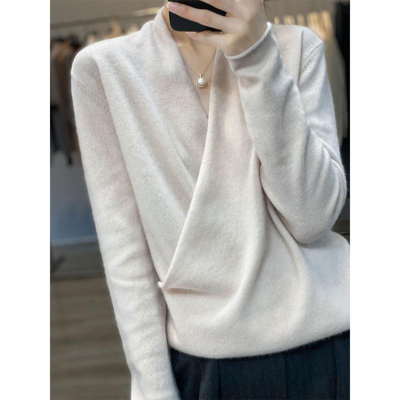 Pure Wool Knitwear for Women 2025 New Autumn Style Cross V-Neck Slim Fit Elegant Inner Sweater Base Layer