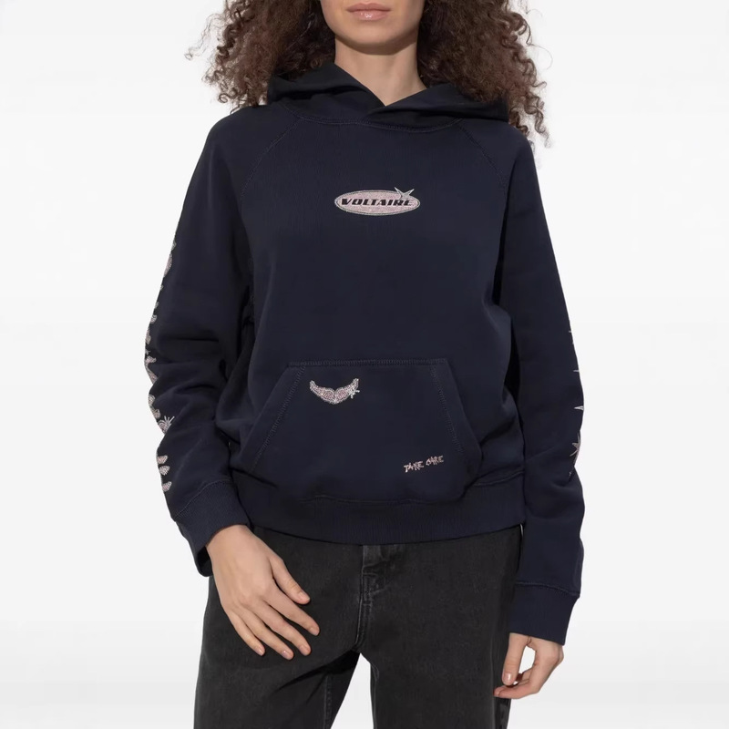 In-Stock French Style 26 Early Spring New Fashion Fleece Hooded Sweatshirt with Wing Letter Pattern and Rhinestone Print