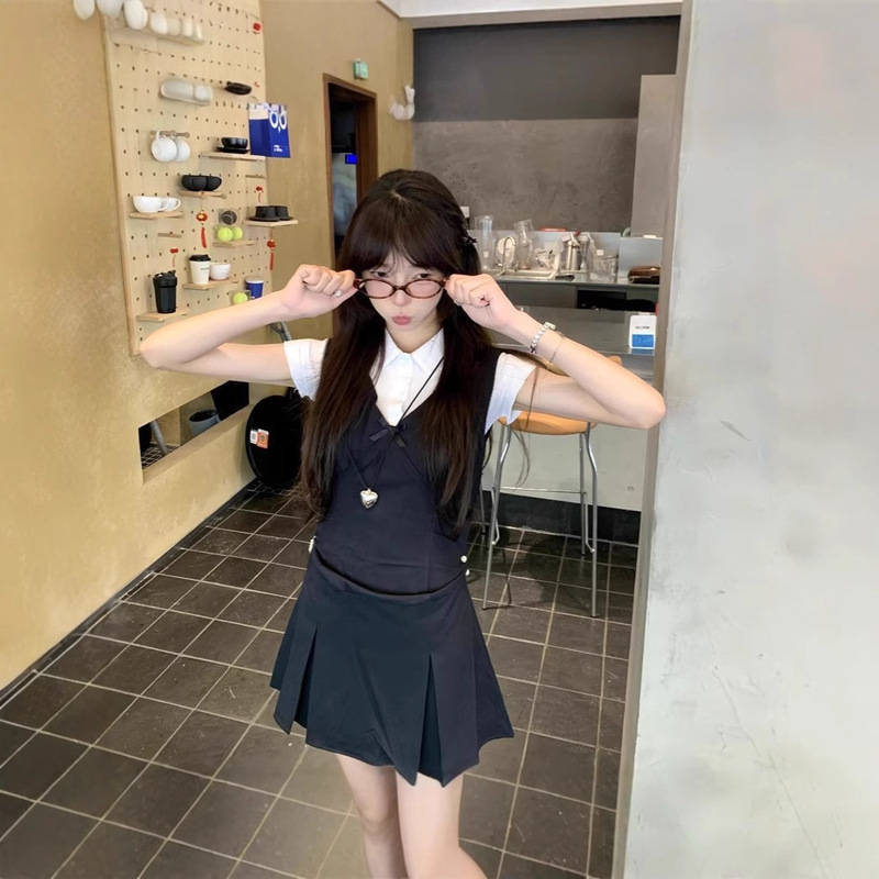 学院风甜美韩系夏季高腰背心连衣裙女学生+白色短袖衬衫套装_单件|undefined