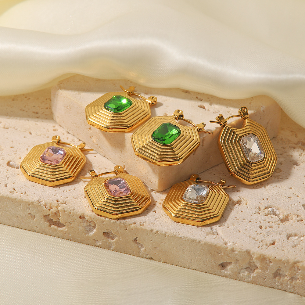 Retro Geometric Stainless Steel Inlay Zircon Earrings 1 Pair