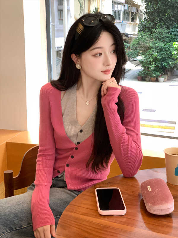韩系粉色v领挂脖假两件针织开衫女春秋设计感毛衣拼接长袖上衣|undefined