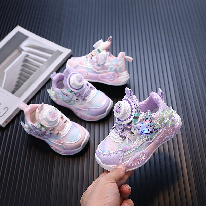 2024 Spring and Autumn New Girls' sneaker 1-3-6 Years Old Swivel Button Cartoon Kulomi Baby Shoes with Light