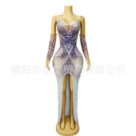 吊带前开叉水钻性感透视网纱欧美酒会派对舞会夜场长裙袖套相思翼