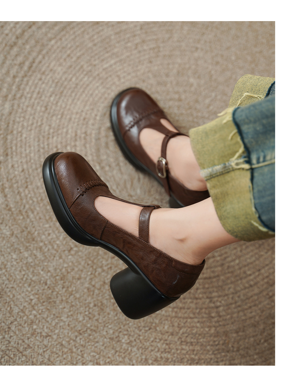 Giày Mary Jane nữ đế dày gót thô 8 cm da dê quai ngang khóa — màu nâu chi tiết 4
