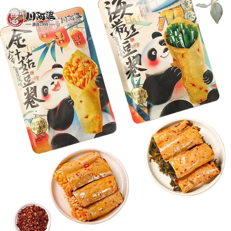 川阿婆萌宠熊猫款豆卷鲜嫩弹三款食品海带杏鲍菇香辣解馋零食小吃|undefined