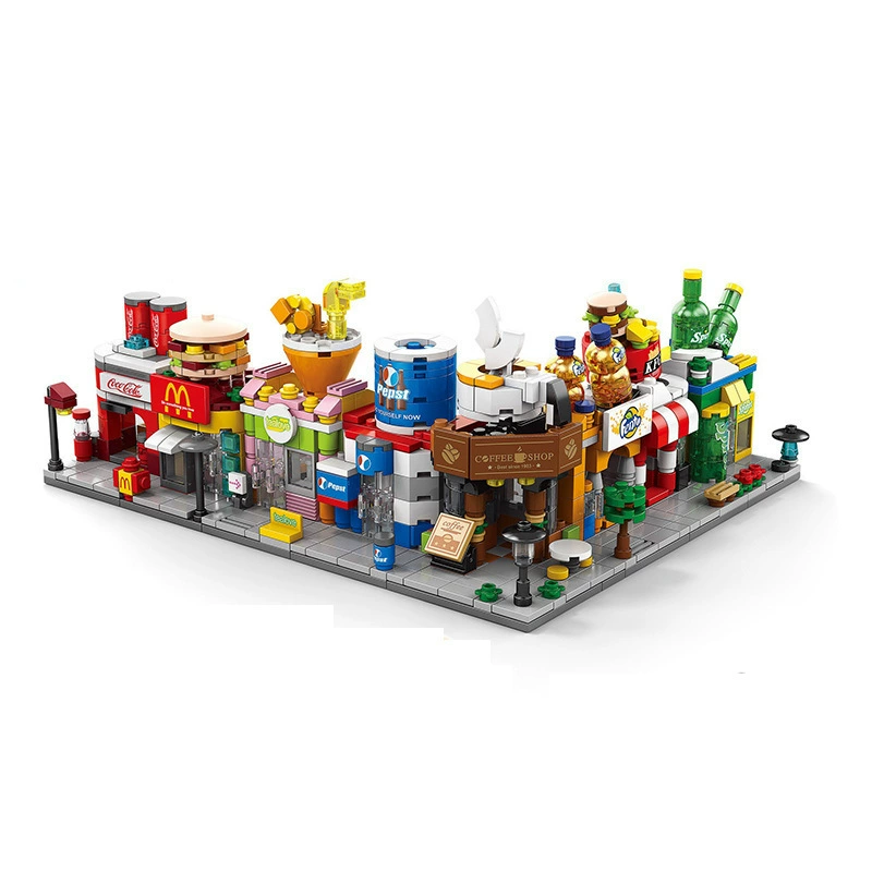 Совместимо с Lego, быстрая кейтеринг-уличная интерьерная сцена, сценический городской улицы сцены, пазл-уничтожение трущоб, киосс