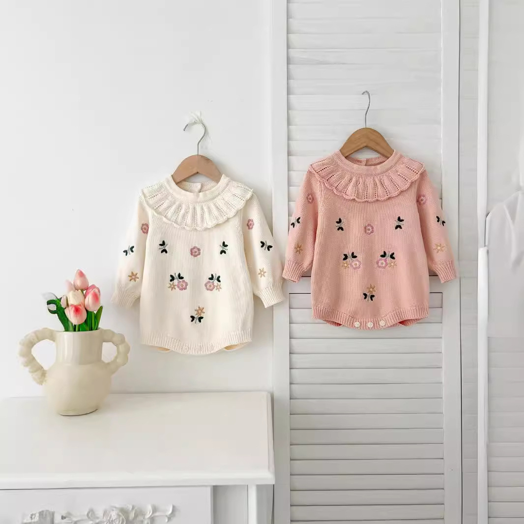 Spring and Autumn Girls' Baby Baby Embroidered Lapel Knitted Wool Jumpsuit Sweater