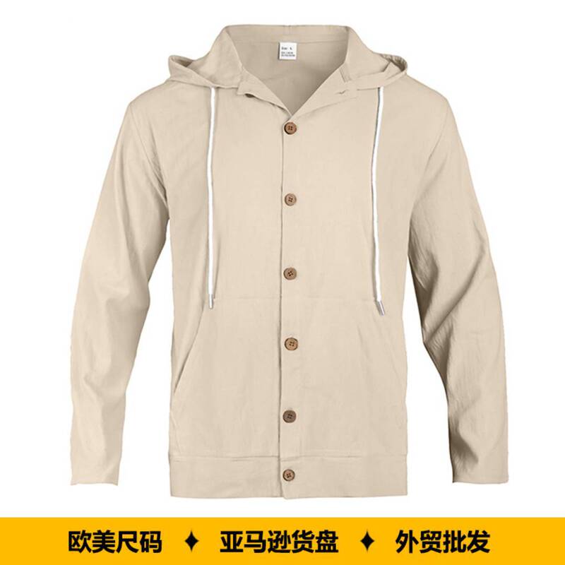 Cross-Border European and American Amazon Spring and Autumn Men's Solid Color Linen Long-Sleeve Hooded Cardigan Drawstring Button Casual Shirt