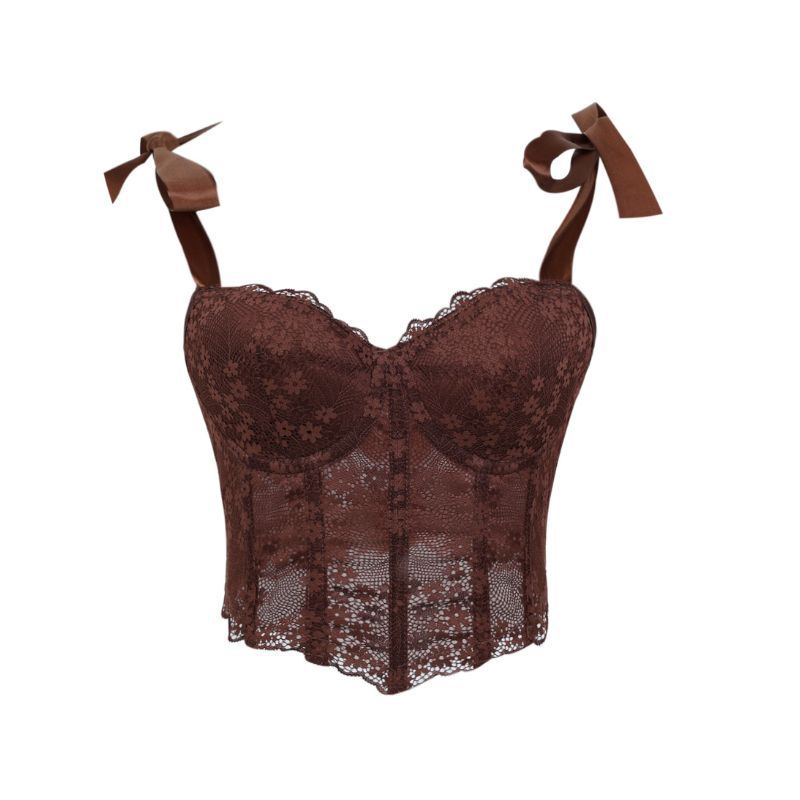 See-Through Sexy Lace Tube Top with Chest Pads, Women's Corset with Ribbon Shoulder Straps, Fishbone Shapewear for Women, Wholesale from Manufacturer