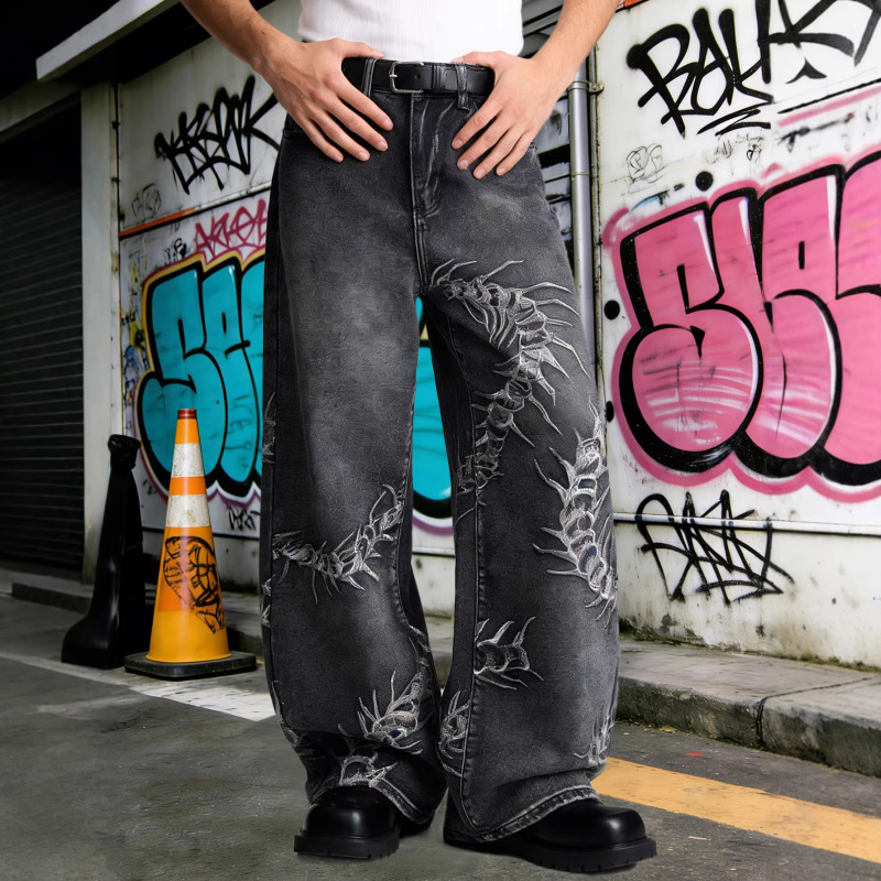 American High Street Style New Spring/Summer Men's Jeans with Centipede Embroidery Design, Loose Casual Wide-Leg Pants for Men
