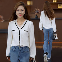 V领长袖T恤女宽松韩版大码上衣2025春秋薄款时尚减龄百搭雪纺小衫