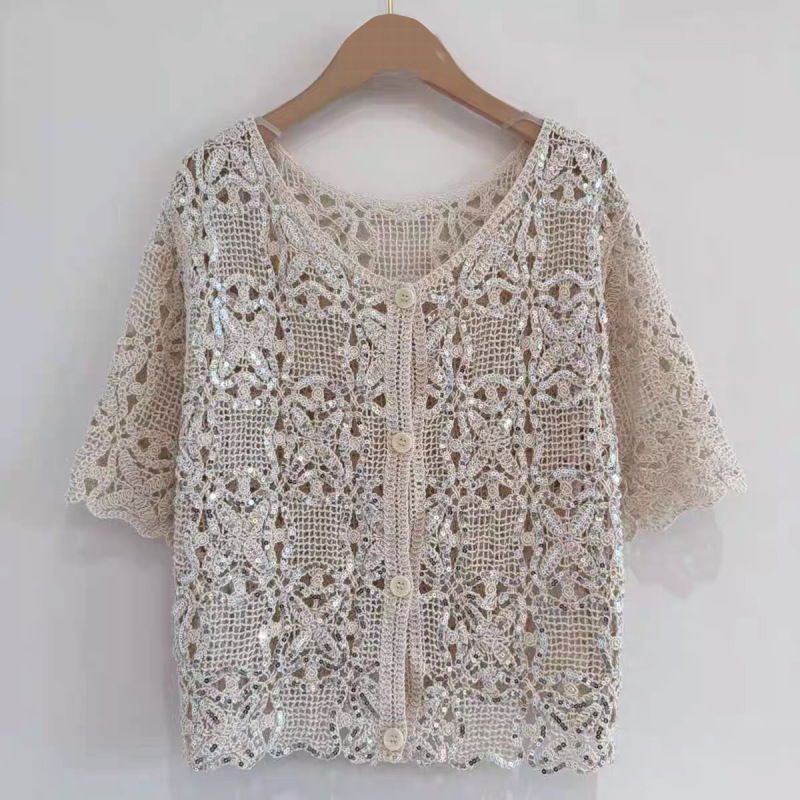 French-Style Heavy-Duty Crochet Sequin Retro V-Neck Lace Embroidery Hollow-Out Design Short Knit Cardigan Top F483 French-Style Heavy-Duty Crochet Sequin Retro V-Neck Lace Embroidery Hollow-Out Design Short Knit Cardigan Top F483