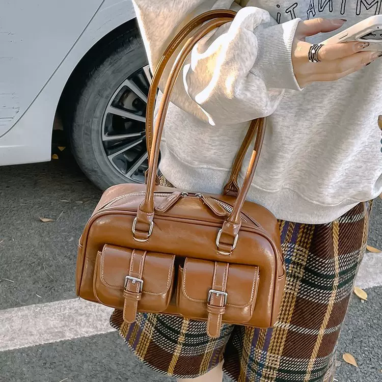 楠枫春季新款pu小众女包复古风纯色大容量多口袋手提包斜挎包单肩包