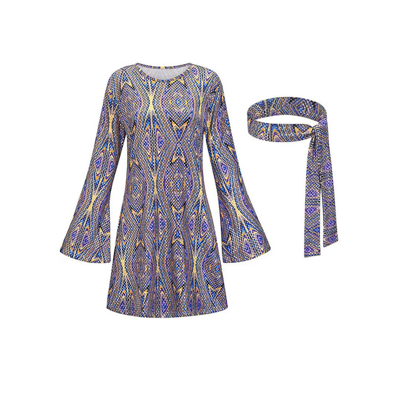 Halloween 70 s 80 s Hippie Disco Costume Holiday Dress Headscarf Sequins Hot Rhinestone Printed dress