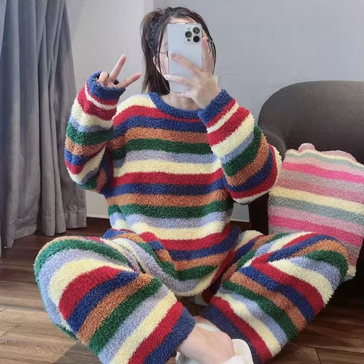 冬季睡衣女可爱彩虹纹韩版简约半边绒加绒保暖家居服工厂一件代发|undefined