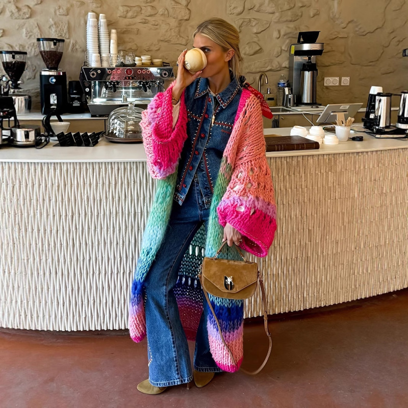 Spring and Autumn Contrasting Color Hand-Crocheted Ethnic Style Shawl for Women to Wear on Vacation, Long Cardigan, Retro Loose Blouse