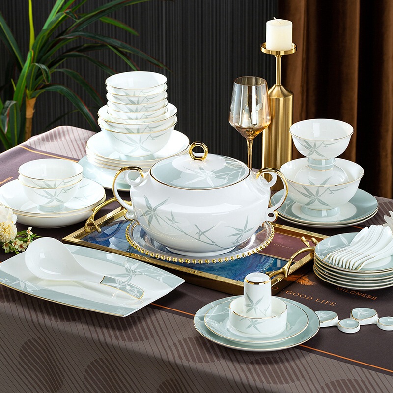 Bamboo for peace bone china 60-head tableware strictly selected department store set Bowl set set anti-bacterial glazed smooth