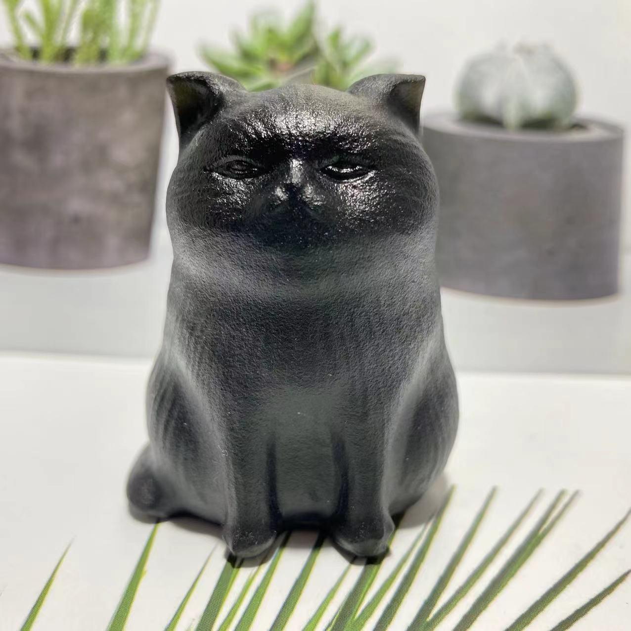 天然黑曜石藐视猫摆件 蔑视猫猫雕塑雕刻件 时尚家居萌宠装饰摆件