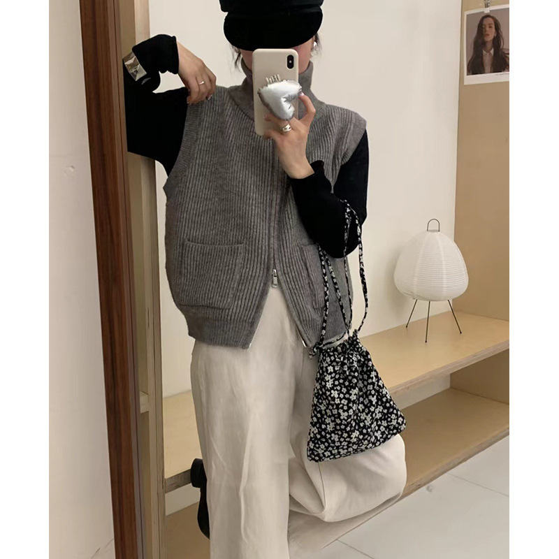 2025春秋新款韩系双拉链针织马甲女复古口袋翻领无袖背心毛衣外套|undefined