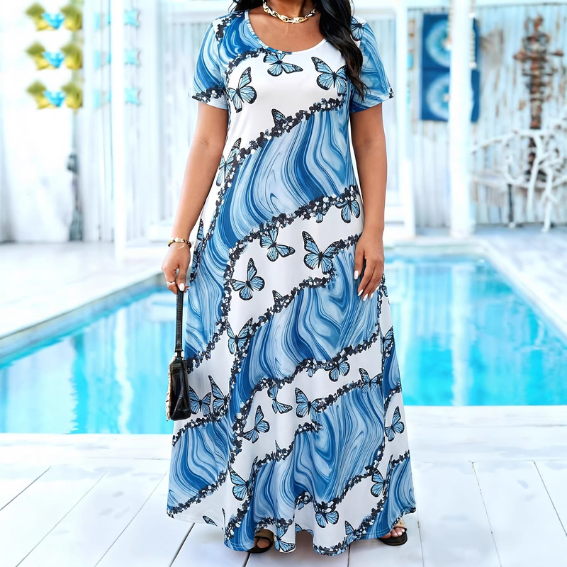 European and American Cross-Border Vacation Style Round Neck Short-Sleeve Printed Long Dress, Loose and Breathable with Pockets, Refreshing Women's Vacation Outfit