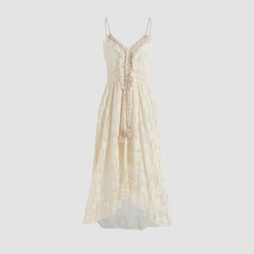Summer European and American Lace Strappy Maxi Dress Gown in Solid Color