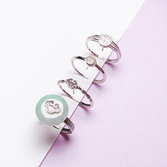 s925純銀小平安扣福字戒托算盤珠扁珠diy戒指空托活口男女款情侶