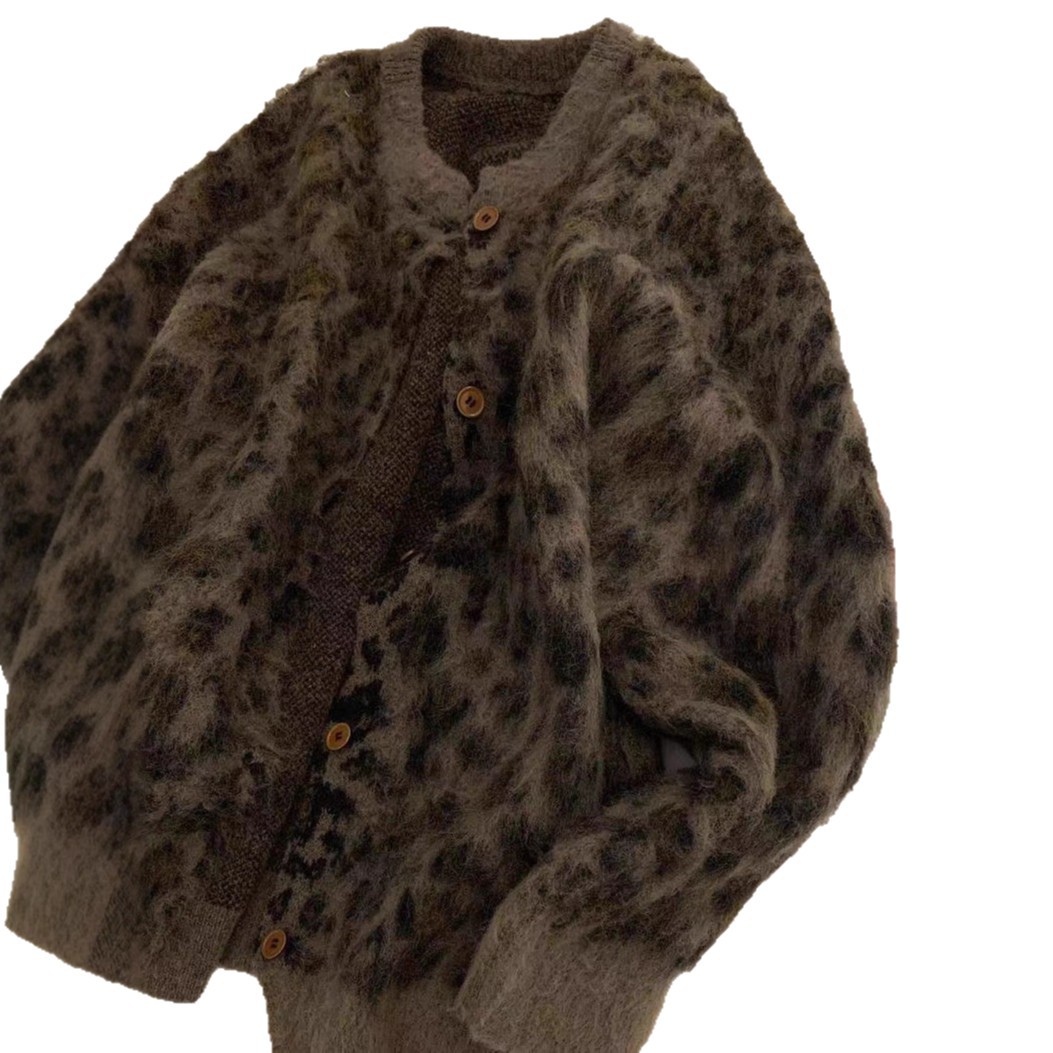 Cárdigan de Punto con Estampado de Leopardo para Mujer de Poliéster y Elastano Cuello redondo para Otoño e Invierno