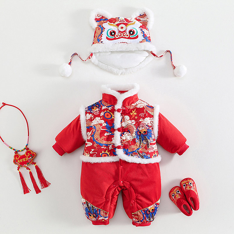 Baby New Year Clothes Festive One-piece Clothes Baby Winter Clothes Full Moon One Hundred Days Old Dress Newborn New Year Clothes