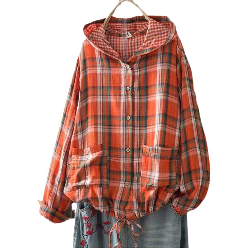 Японский и корейский с капюшоном двойной хлопок клетчатая рубашка плюс размер ретро Повседневный Кардиган Куртка пальто оптом