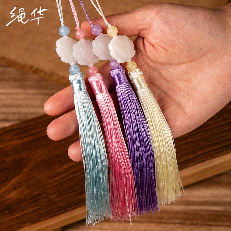 Long Double-sided White Jade Lotus Tassel Seed Hanging Chinese Knot Lantern Tassel Small Hanging Ear Pendant Decorative Pendant