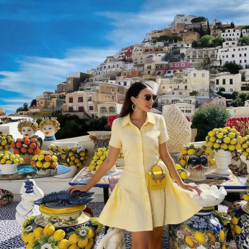 Cross-Border 2026 Summer New Dress with Puff Sleeves, Shirt Dress with V-Neck and Pleated Design, Korean Style A-Line Short Skirt for Women