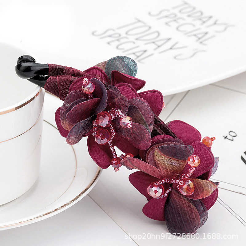 韓国の花の縦のクリップのカチューシャの大きいサイズのバナナは馬尾を挟んで布芸の手作りの水晶を挟みます。