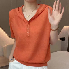 外国貿易2025新型夏フード付き半袖tシャツ女性ゆるい半袖フードシャツ氷糸上着ニット薄手