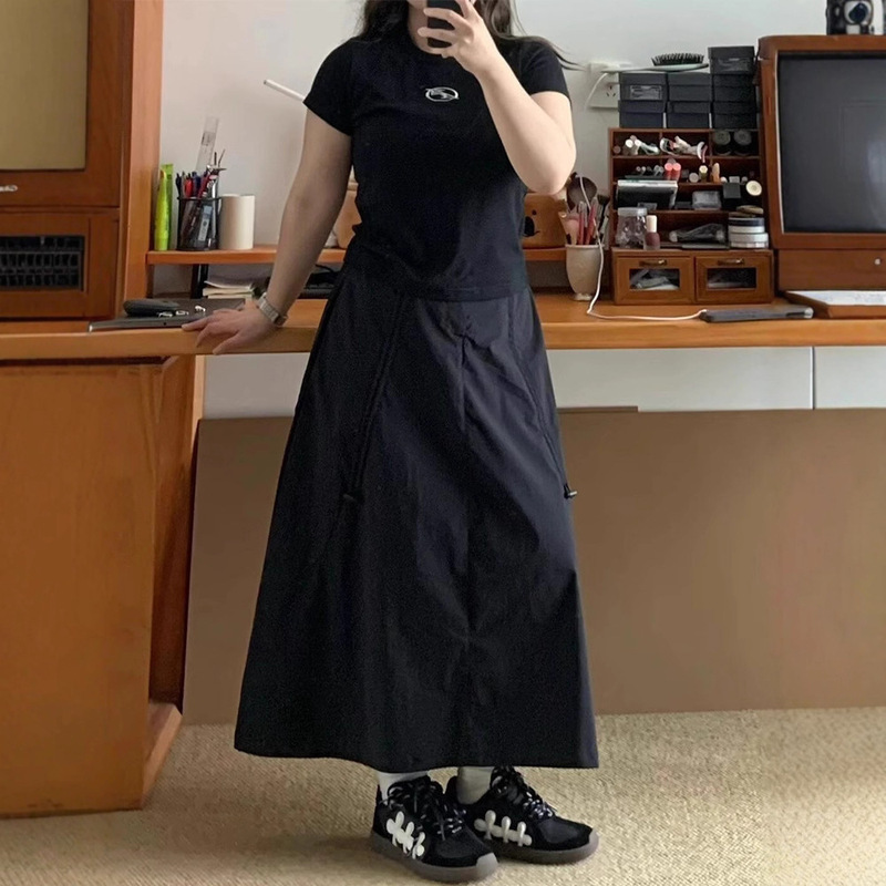 Original Color Hip-Covering Workwear-Style Half-Skirt for Women, Slimming Wide Hem Skirt with Elastic Waist, American-Style Drawstring to Cover the Body Original Color Hip-Covering Workwear-Style Half-Skirt for Women, Slimming Wide Hem Skirt with Elastic Waist, American-Style Drawstring to Cover the Body