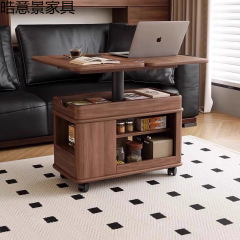 胡桃木中古风移动茶几可折叠升降茶桌实木客厅家用小户型边几推车