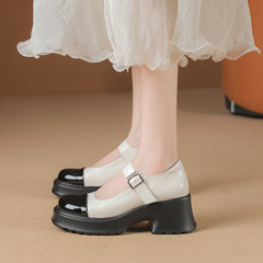 法式瑪麗珍女鞋子2023新款夏季粗跟中跟單鞋復古配裙子高跟小皮鞋
