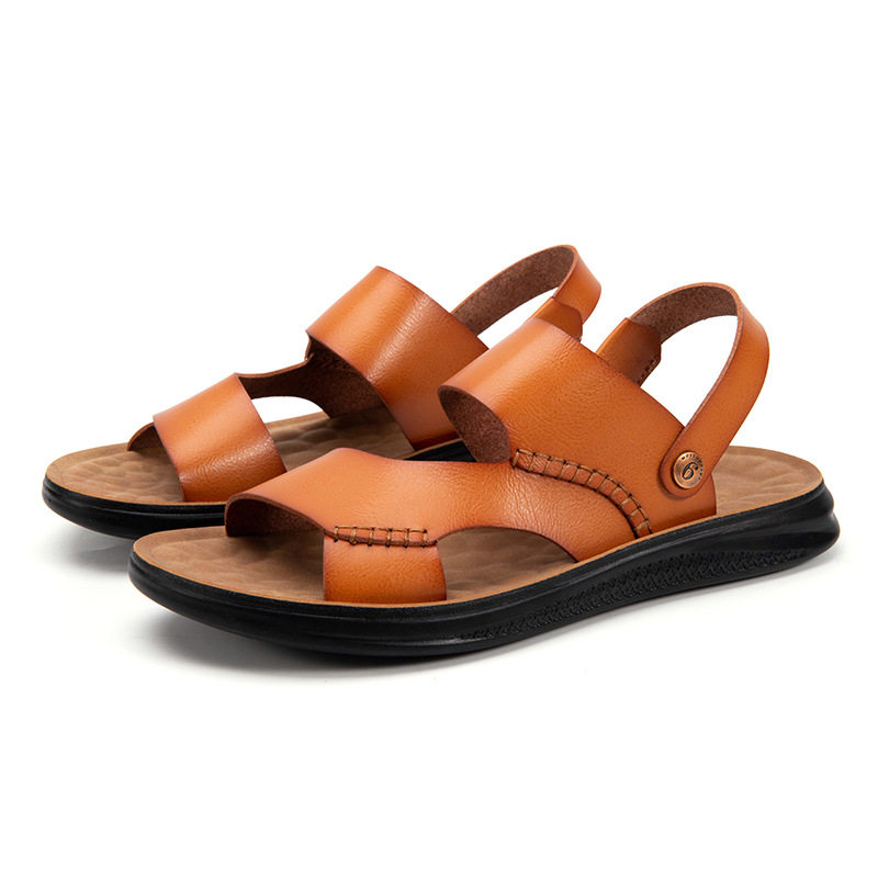 Dép sandal nam quai ngang hở ngón chất liệu da PU chống trơn, thoáng khí đi biển mùa hè — Màu xanh lam, Màu đen, Nâu vàng, Nâu đậm