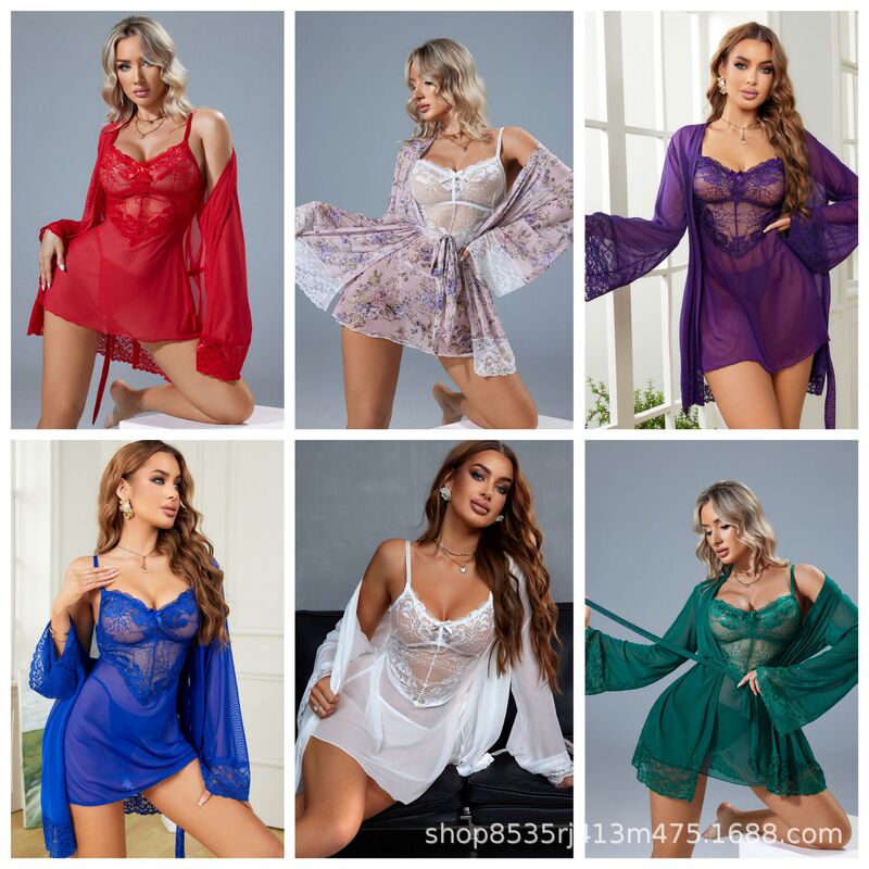 European and American Blue Sexy Long Sleeve Shawl Lace Sling Skirt G-string suit Perspective Sexy Underwear Pajamas