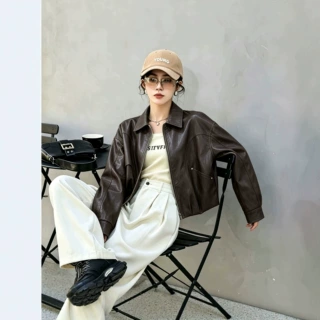 设计感气质翻领皮衣外套女短款2026春秋季新款小个子百搭PU皮夹克