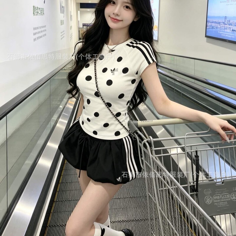 Cross-Border Adidas Trefoil Embroidered Polka Dot Short-Sleeve Top Slim Fit Round Neck Striped Regular Shoulder T-Shirt for Women, Slimming Effect